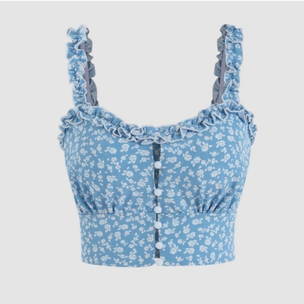 New!!! Cider ✨️ Women's Ditsy Floral Blue Ruffle Crop Top Size XL